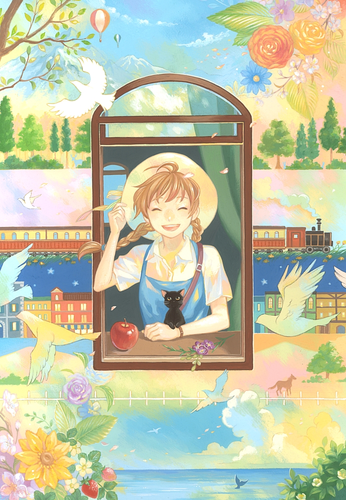 1girl, acrylic_paint_(medium), aircraft, apple, bird, black_cat, blue_dress, braid