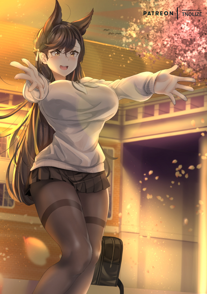 1girl, :d, atago_(azur_lane), atago_(school_daydream)_(azur_lane), azur_lane, bag, bangs, black_hair