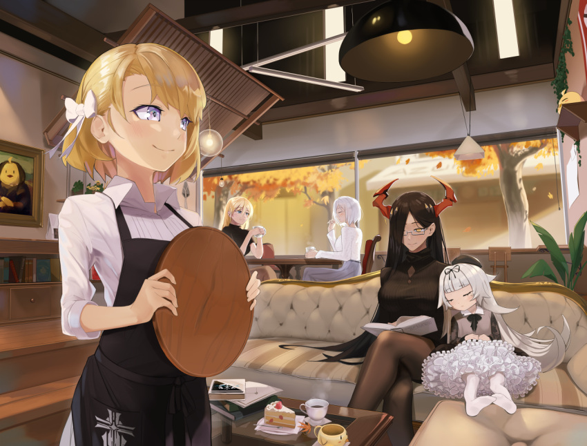 5girls, apron, azur_lane, bismarck_(kantai_collection), black_apron, black_hair, blonde_hair, blue_eyes