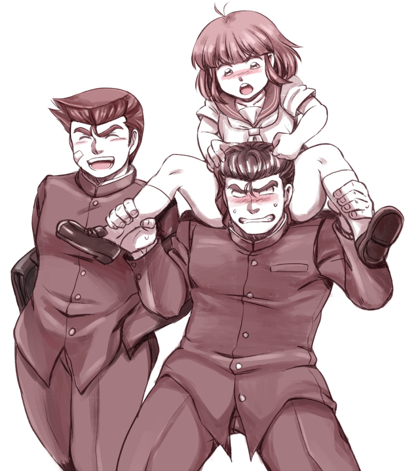 1girl, 2boys, bag, blush, bookbag, carrying, gakuran, hasebe_kazumi