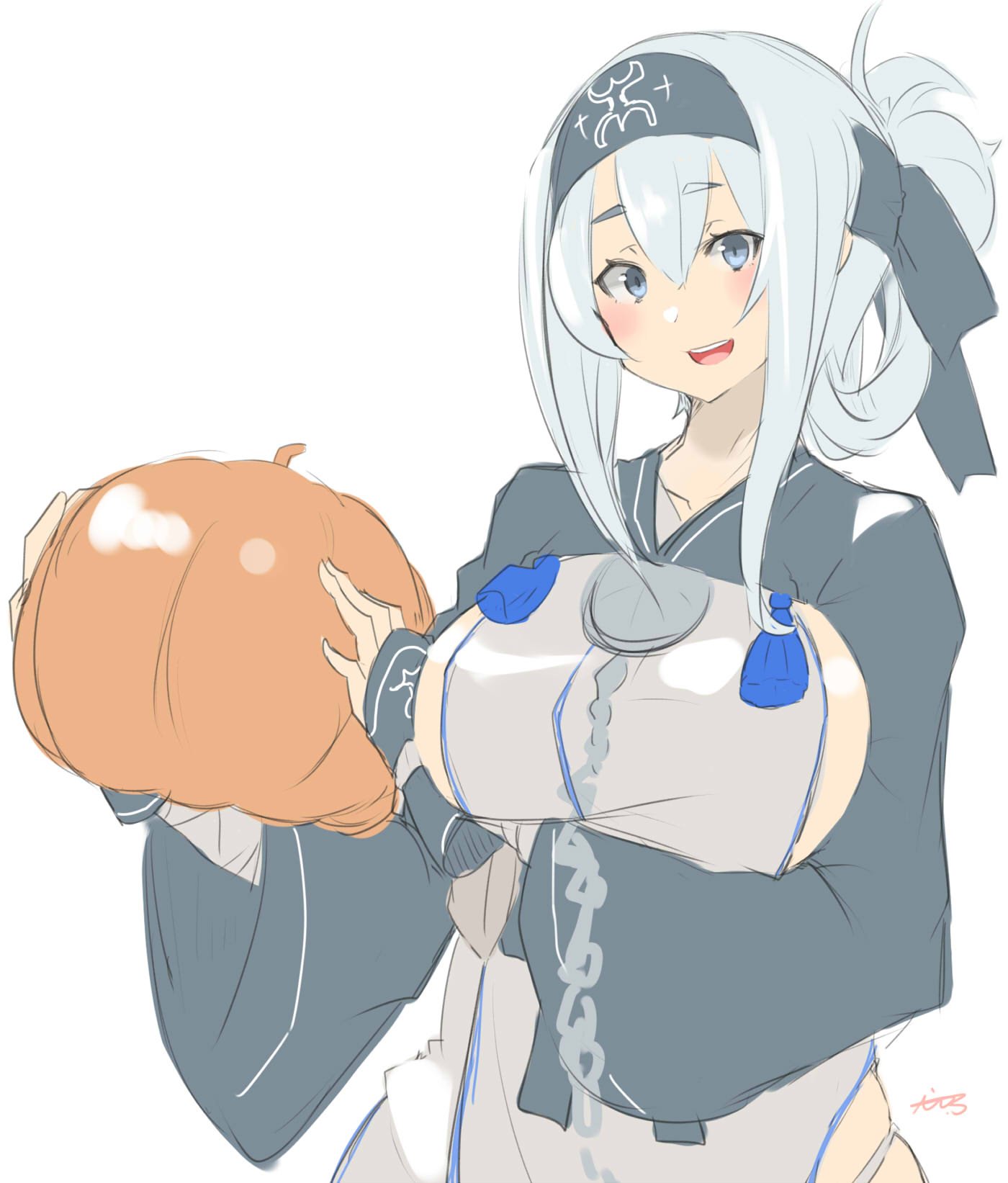 1girl, ainu_clothes, akicosmossakasa, blue_eyes, blue_headband, breasts, commentary_request, cropped_jacket, folded_ponytail, headband, highres, kamoi_(kantai_collection), kantai_collection, large_breasts, looking_at_viewer, open_mouth, pelvic_curtain, pumpkin, sideboob, sidelocks, simple_background, smile, solo, upper_teeth, white_background, white_hair, wrist_guards