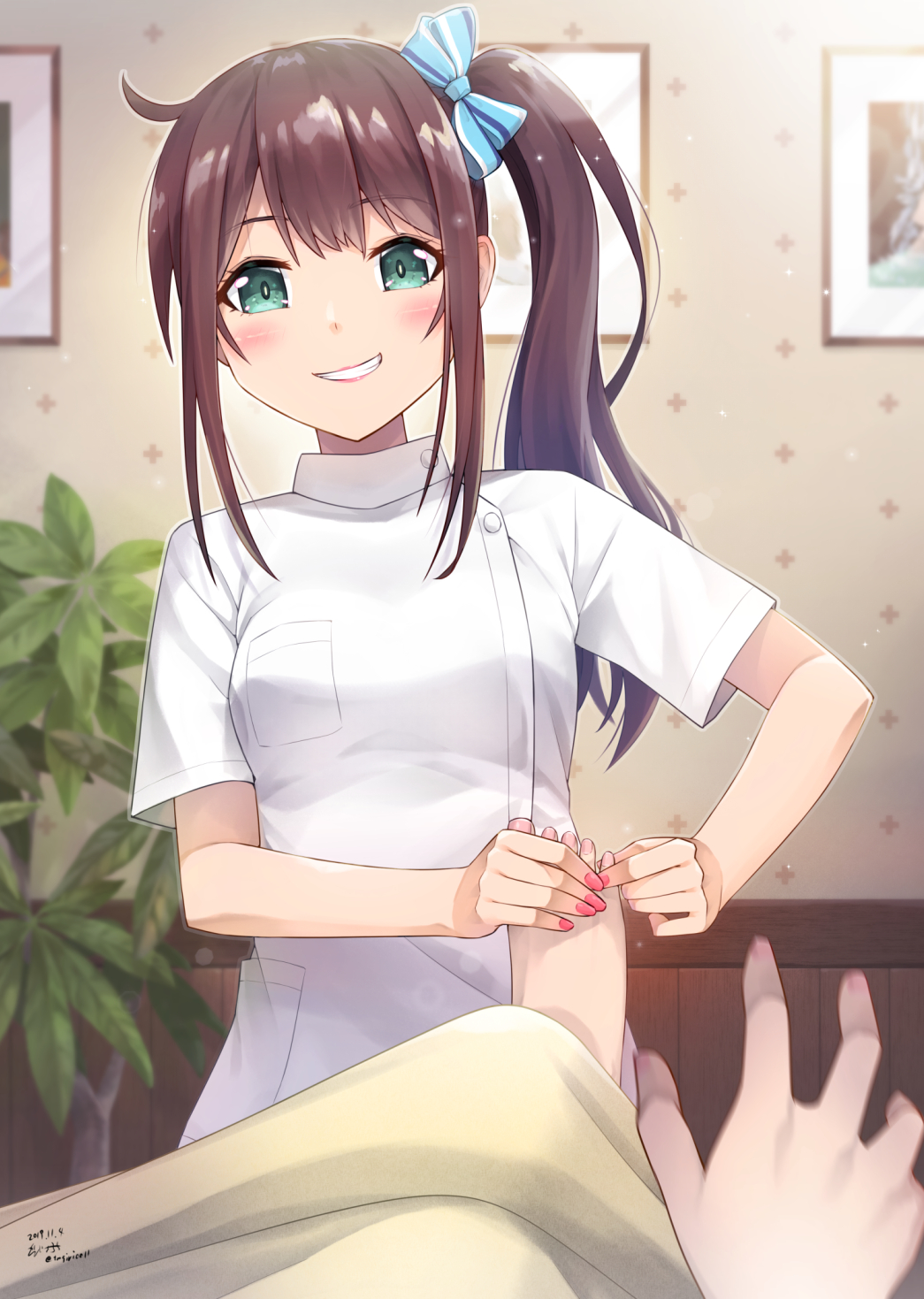 1girl, aqua_eyes, barefoot, blue_bow, blush, bow, dated, feet