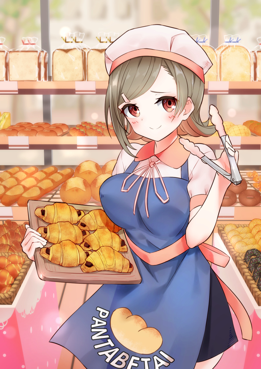 1girl, apron, baguette, blue_apron, blush, bread, breasts, brown_hair