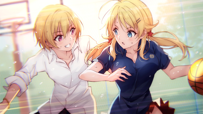 2girls, bangle, basketball, basketball_hoop, blonde_hair, blue_eyes, bracelet, dress_shirt