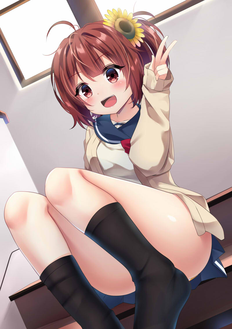 1girl, :d, agung_syaeful_anwar, ahoge, bangs, black_legwear, blue_sailor_collar, blue_skirt
