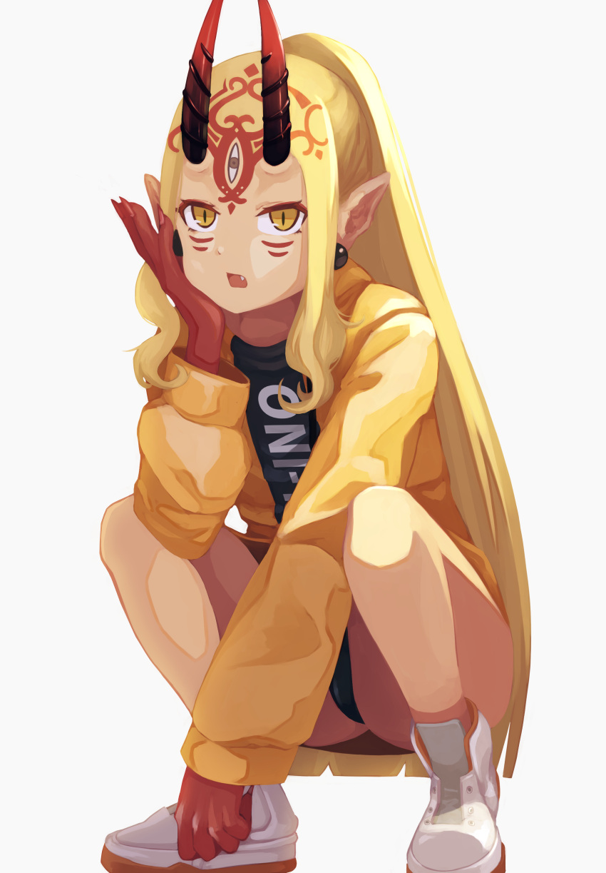1girl, absurdres, bare_legs, black_panties, blonde_hair, clothes_writing, commentary_request, earrings, facial_mark, fang, fate/grand_order, fate_(series), fingernails, forehead_tattoo, full_body, hand_on_own_cheek, highres, ibaraki_douji_(fate/grand_order), jacket, jewelry, long_fingernails, long_hair, long_sleeves, mutsuki_albino, no_pants, open_clothes, open_jacket, open_mouth, panties, pointy_ears, ponytail, red_skin, shoes, sidelocks, simple_background, sneakers, solo, squatting, underwear, very_long_hair, white_background, white_footwear, yellow_eyes, yellow_jacket