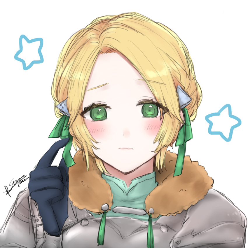 1girl, 504723f, armor, artist_name, blonde_hair, blush, bow, fire_emblem, fire_emblem:_three_houses, fur_trim, gloves, green_eyes, hair_ornament, highres, ingrid_brandl_galatea, short_hair, solo, star, white_background