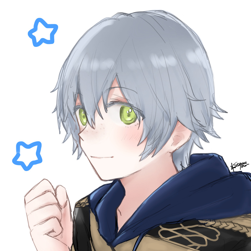 1boy, 504723f, artist_name, ashe_ubert, blush, epaulettes, fire_emblem, fire_emblem:_three_houses, freckles, green_eyes, grey_hair, highres, solo, star, upper_body, white_background