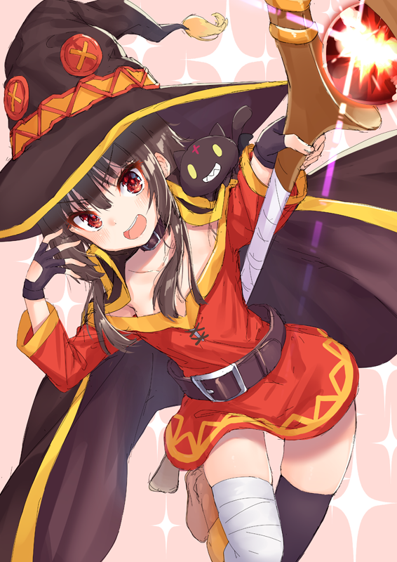 1girl, asymmetrical_legwear, bandaged_leg, bandages, bare_shoulders, belt, black_gloves, black_hair