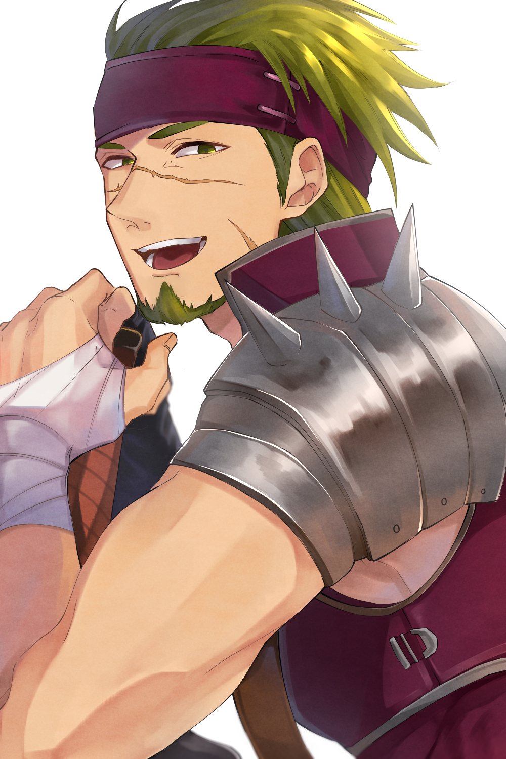 1boy, bandages, beard, facial_hair, fire_emblem, fire_emblem:_the_sacred_stones, gerik_(fire_emblem), green_eyes, green_hair, headband, highres, male_focus, open_mouth, scar, solo, teeth, user_hyxw5847, white_background