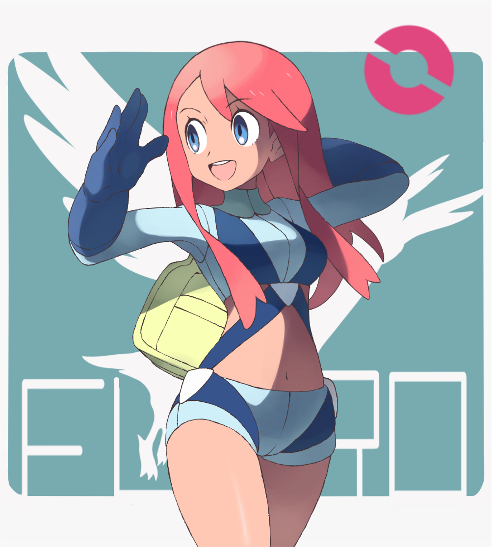 1girl, :d, alternate_hairstyle, arms_up, bag, blue_eyes, blue_gloves, blue_shorts