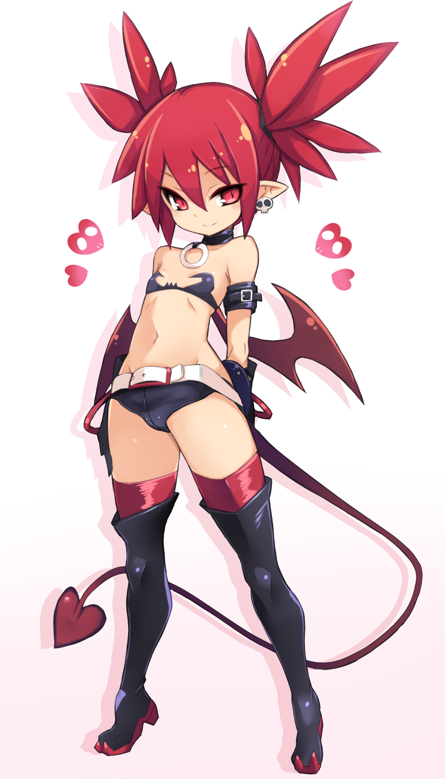 1girl, bangs, bare_shoulders, bat_wings, belt, black_footwear, black_gloves, black_shorts, boots, choker, demon_girl, demon_tail, disgaea, earrings, etna, eyebrows_visible_through_hair, flat_chest, full_body, gloves, hair_between_eyes, heart, highres, jewelry, karukan_(monjya), micro_shorts, navel, pointy_ears, red_eyes, red_legwear, redhead, shorts, simple_background, skull_earrings, smile, solo, standing, stomach, tail, thigh-highs, thigh_boots, twintails, white_belt, wings