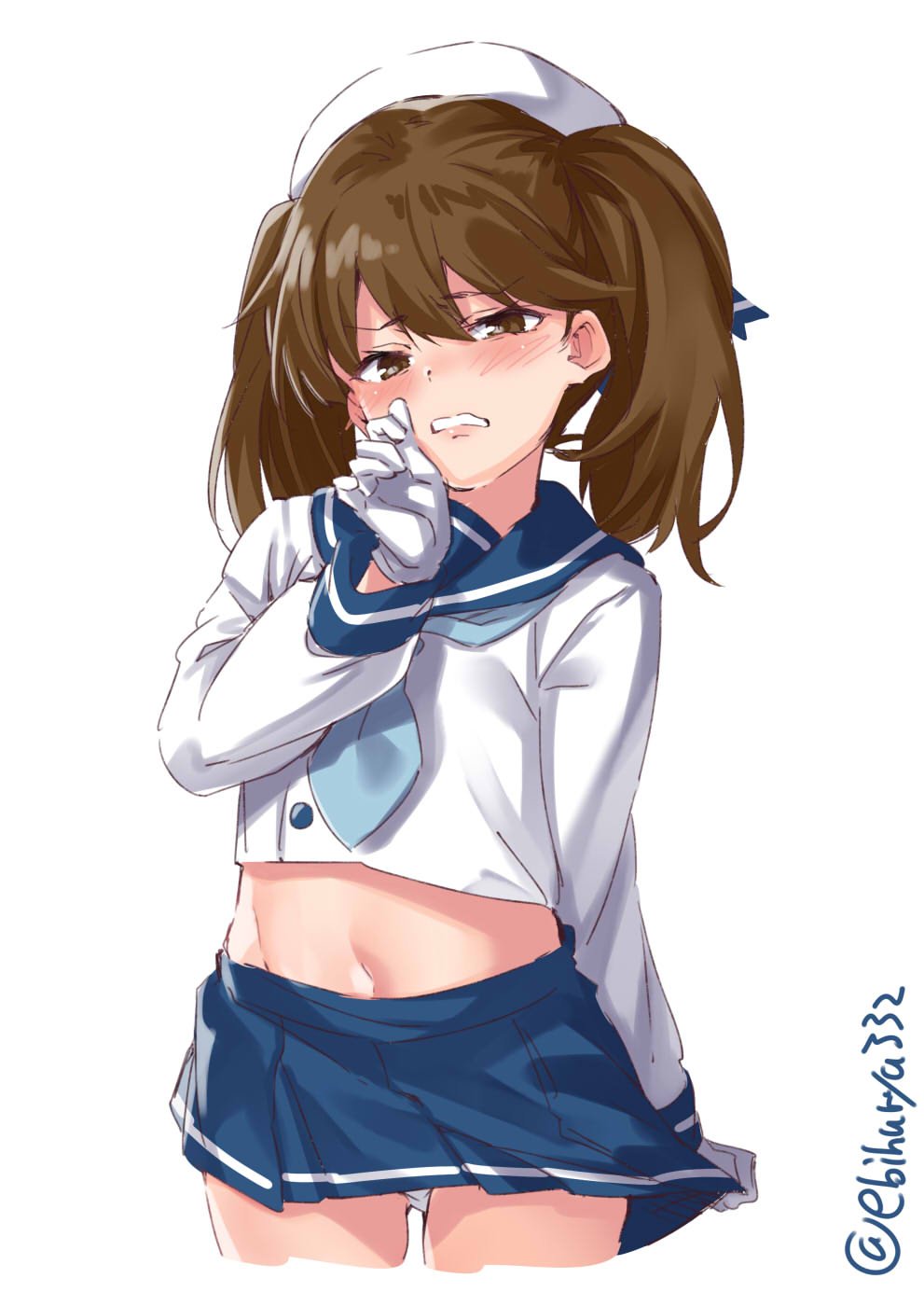 1girl, bangs, blue_neckwear, blue_ribbon, blue_sailor_collar, blue_skirt, blush, breasts, brown_eyes, brown_hair, buttons, cosplay, cowboy_shot, ebifurya, etorofu_(kantai_collection), etorofu_(kantai_collection)_(cosplay), gloves, hair_between_eyes, hat, highres, kantai_collection, long_sleeves, looking_at_viewer, nose_blush, open_mouth, panties, pleated_skirt, ribbon, ryuujou_(kantai_collection), sailor_collar, sailor_hat, school_uniform, serafuku, skirt, skirt_pull, small_breasts, solo, twintails, undersized_clothes, underwear, wavy_mouth, white_gloves, white_headwear, white_panties