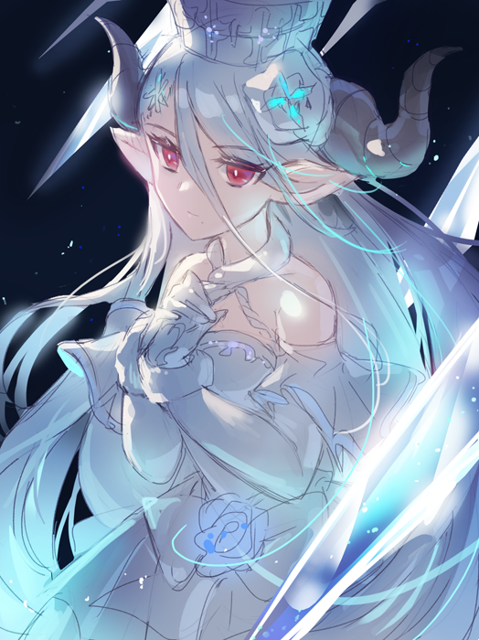1girl, black_background, blue_hair, draph, dress, elbow_gloves, gloves, granblue_fantasy