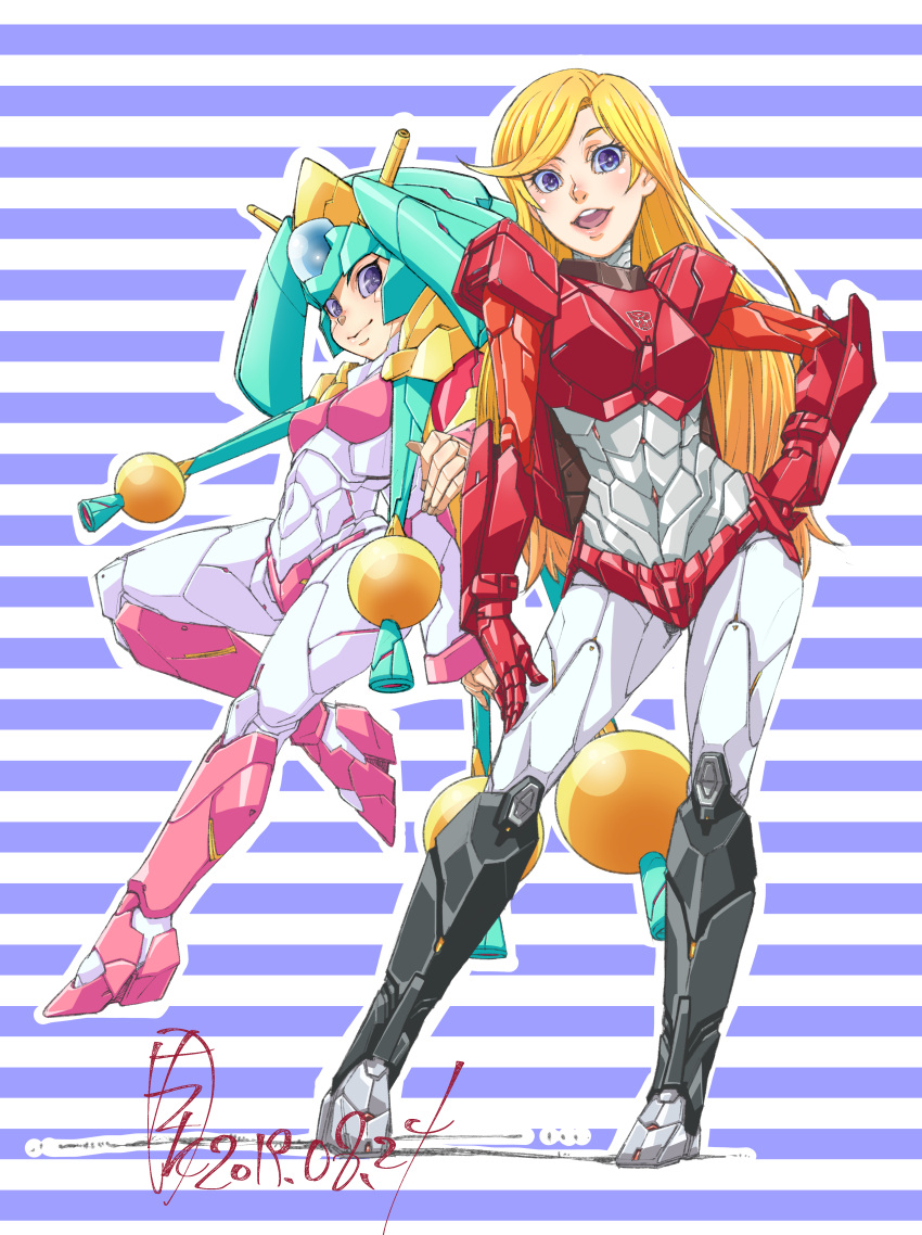 2girls, 80s, absurdres, ahoge, aqua_eyes, armor, artemis_(beast_wars_ii), autobot