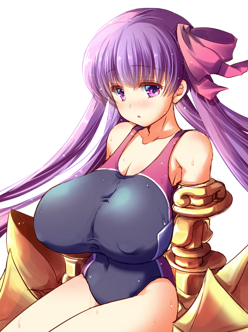 absurdres, breasts, covered_nipples, fate/extra, fate/extra_ccc, fate/grand_order, fate_(series), fujiyama_takashi, hair_ribbon, highres, huge_breasts, looking_at_viewer, one-piece_swimsuit, passion_lip, pink_ribbon, purple_hair, purple_ribbon, ribbon, swimsuit