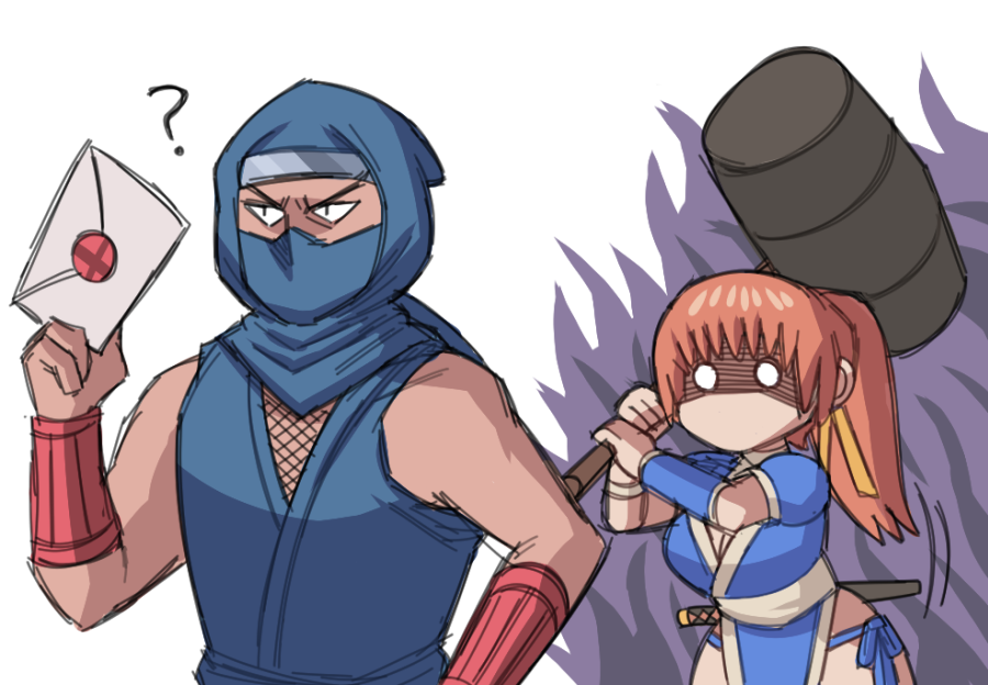 1boy, 1girl, ?, arm_guards, ayyk92, brown_hair, crossover, dead_or_alive