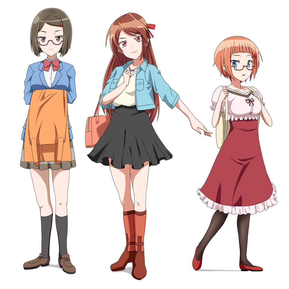 3girls, apron_removed, backpack, bag, bangs, black_skirt, blazer, blue_eyes