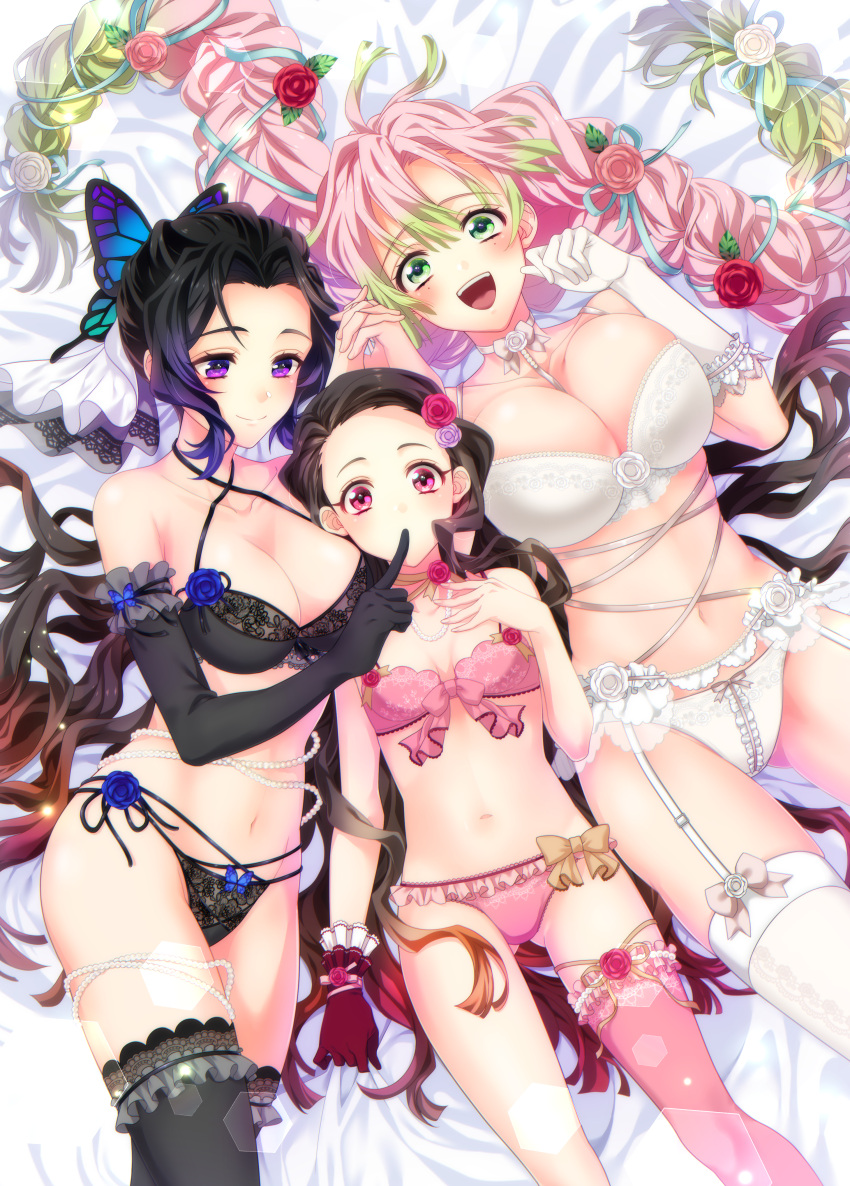 absurdres, aburi_rare, highres, huge_filesize, kamado_nezuko, kanroji_mitsuri, kimetsu_no_yaiba, kochou_shinobu, panties, underwear