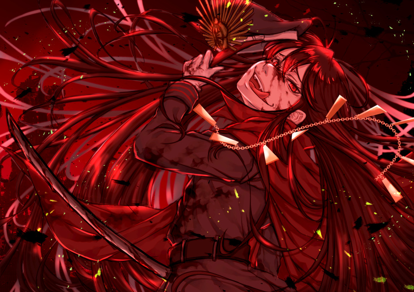 1girl, absurdres, belt, black_hair, blood, blood_on_face, bloody_weapon, cape, chain, fate/grand_order, fate_(series), gloves, hair_between_eyes, hat, hat_removed, headwear_removed, highres, holding, holding_sword, holding_weapon, long_hair, long_sleeves, looking_at_viewer, oda_nobunaga_(fate), oda_nobunaga_(fate)_(all), open_mouth, red_background, red_cape, red_eyes, red_theme, s0shir0, sword, tongue, tongue_out, very_long_hair, weapon, white_gloves