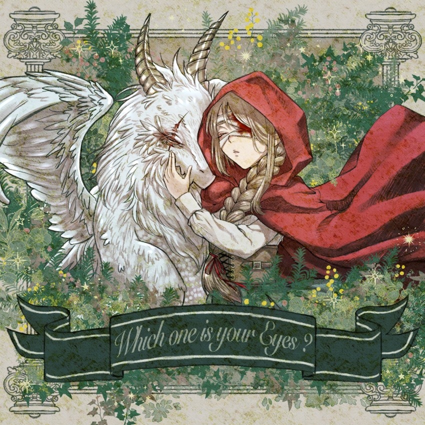 1girl, album_cover, bandages, blood, bloody_bandages, braid, cloak, closed_eyes