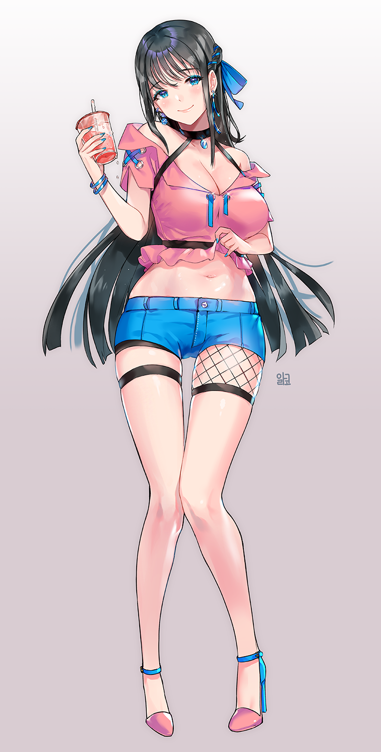1girl, alraco, asymmetrical_earrings, black_hair, blue_eyes, blue_nails, blue_ribbon, bracelet