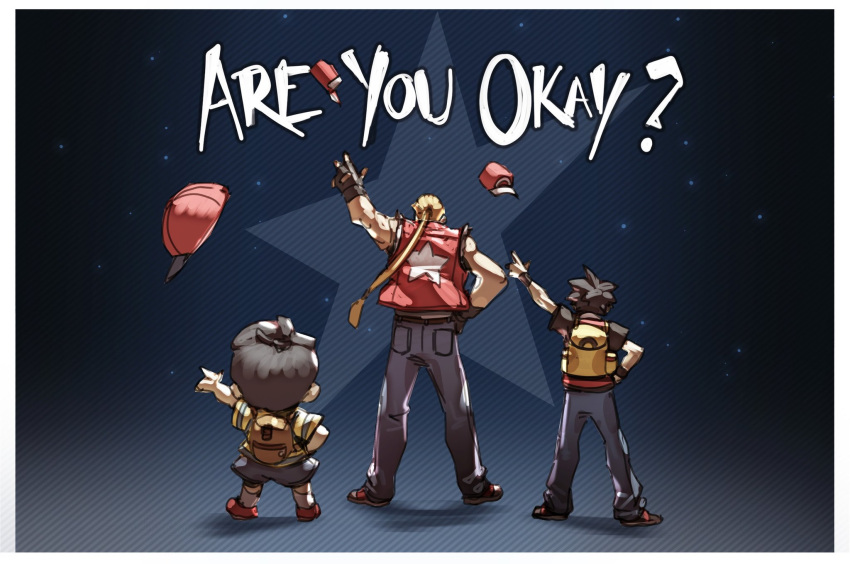 3boys, adult, ape_(company), backpack, bag, baseball_cap, black_hair, blonde_hair, child, creatures_(company), earthbound, english_commentary, english_text, fatal_fury, fingerless_gloves, from_behind, game_freak, gloves, gradient, gradient_background, hal_laboratory_inc., hat, highres, look-alike, male_focus, mother_(game), mother_2, multiple_boys, ness, nin_nakajima, nintendo, olm_digital, pokemon, pokemon:_the_origin, pokemon_(anime), pokemon_(game), pokemon_frlg, ponytail, red_(pokemon), red_vest, shirt, short_sleeves, shorts, simple_background, snk, sora_(company), star, striped, striped_shirt, super_smash_bros., super_smash_bros._ultimate, super_smash_bros_64, super_smash_bros_brawl, teenage, terry_bogard, the_king_of_fighters, tossing, trait_connection, vest