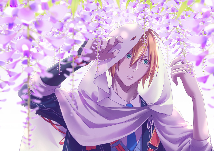 1boy, belt, blonde_hair, blue_eyes, blue_neckwear, bracer, cape, dated, flower, hair_between_eyes, hood, hooded_cape, male_focus, necktie, outdoors, parted_lips, solo, sorges, touken_ranbu, upper_body, white_background, white_hood, wisteria, yamanbagiri_kunihiro