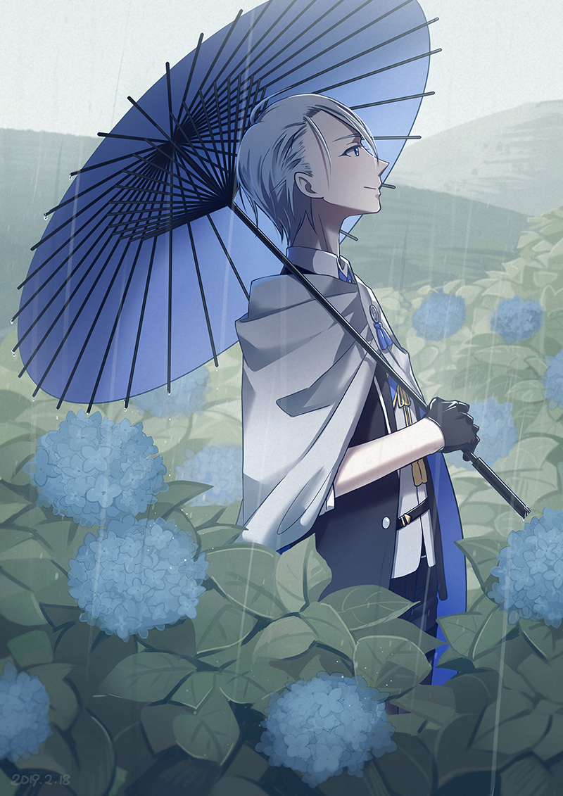 1boy, black_gloves, black_pants, blue_eyes, cape, dated, day, flower