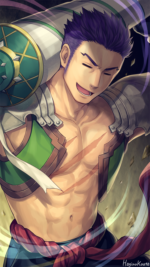 1boy, :d, abs, artist_name, bare_chest, caladbolg, chest_scar, closed_eyes