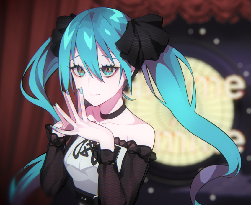 1girl, bangs, black_choker, black_ribbon, blue_eyes, blue_hair, blue_nails, blurry, blurry_background, breasts, choker, closed_mouth, curtains, depth_of_field, dress, eyebrows_behind_hair, fingernails, gimmexgimme_(vocaloid), hair_between_eyes, hair_ribbon, hands_up, hatsune_miku, long_sleeves, looking_at_viewer, nail_polish, off-shoulder_dress, off_shoulder, ram_(ramlabo), ribbon, small_breasts, solo, steepled_fingers, twintails, upper_body, vocaloid, white_dress