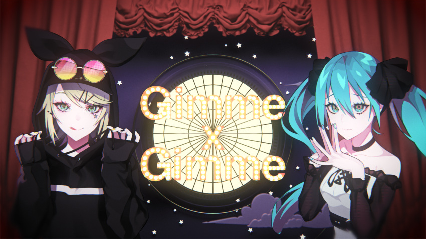 2girls, :q, bangs, bare_shoulders, black_choker, black_hoodie, black_nails, black_ribbon