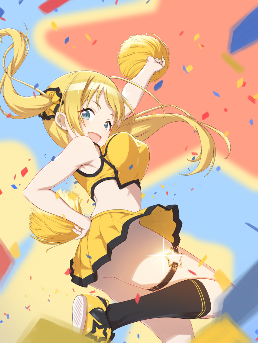 1girl, :d, amochin, arm_up, armpits, ass, blonde_hair, bouncing_breasts