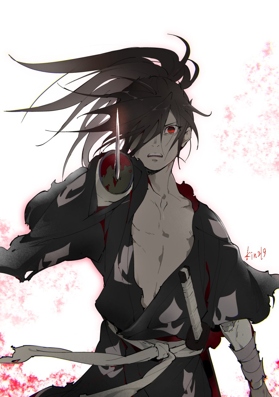 1boy, amputee, bandages, black_hair, blood, dororo_(tezuka), hair_over_one_eye, highres