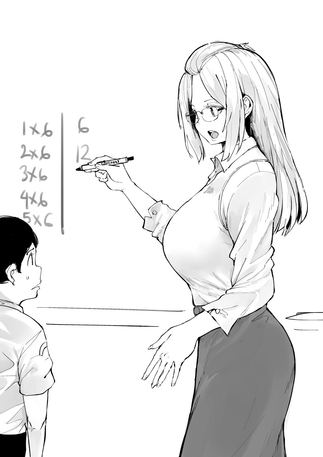 1boy, 1girl, age_difference, bangs_pinned_back, breasts, collared_shirt, commentary, english_commentary