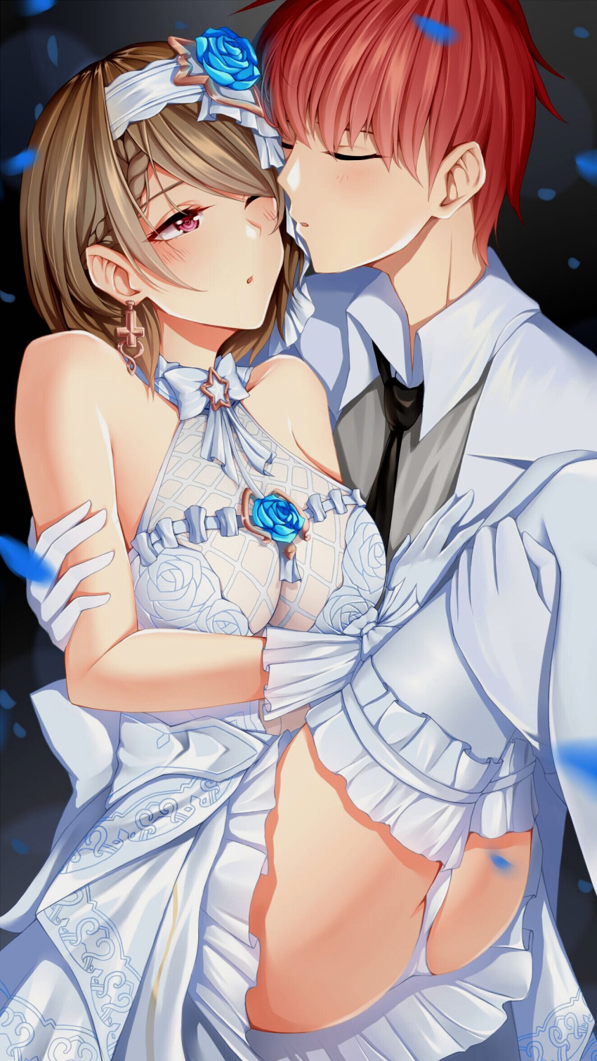 1boy, 1girl, ass, bangs, bare_shoulders, blush, breasts, bride
