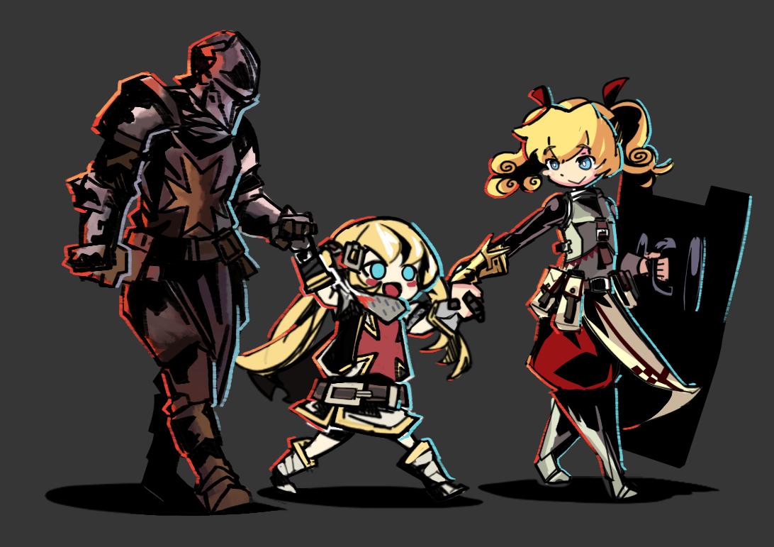 1boy, 2girls, armor, armored_boots, armored_gloves, belt, belt_buckle, blonde_hair, blue_eyes, blush, boots, buckle, cape, chromatic_aberration, crossover, crusader_(darkest_dungeon), darkest_dungeon, family, father_and_daughter, fortress_(sekaiju), full_armor, gloves, grey_background, helmet, holding_hands, long_hair, mistover, mother_and_daughter, multiple_girls, paladin_(mistover), pelvic_curtain, pouch, ribbon, richard_catoto, sekaiju_no_meikyuu, sekaiju_no_meikyuu_4, shield, simple_background, smile, tabard, twintails