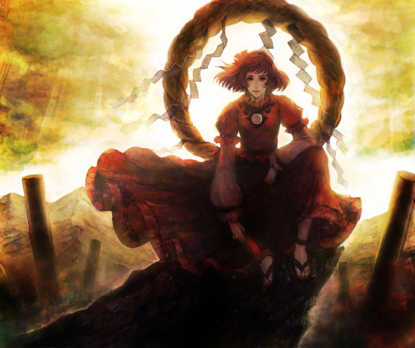 leaf, leaves, long_skirt, realistic, rope, sandals, shide, shimenawa