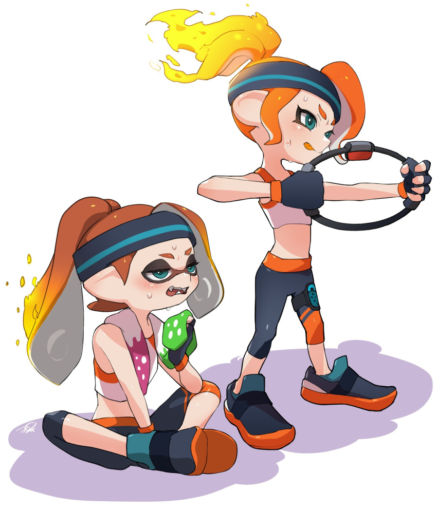 2girls, cosplay, fangs, fiery_hair, green_eyes, headband, highres, inkling, multiple_girls, octarian, octoling, orange_hair, pants, ponytail, protagonist_(ring_fit_adventure), protagonist_(ring_fit_adventure)_(cosplay), puchiman, ring-con, ring_fit_adventure, shoes, sidelocks, simple_background, sneakers, splatoon_(series), sports_bra, sweat, towel, towel_around_neck, white_background, wiping_sweat, yoga_pants