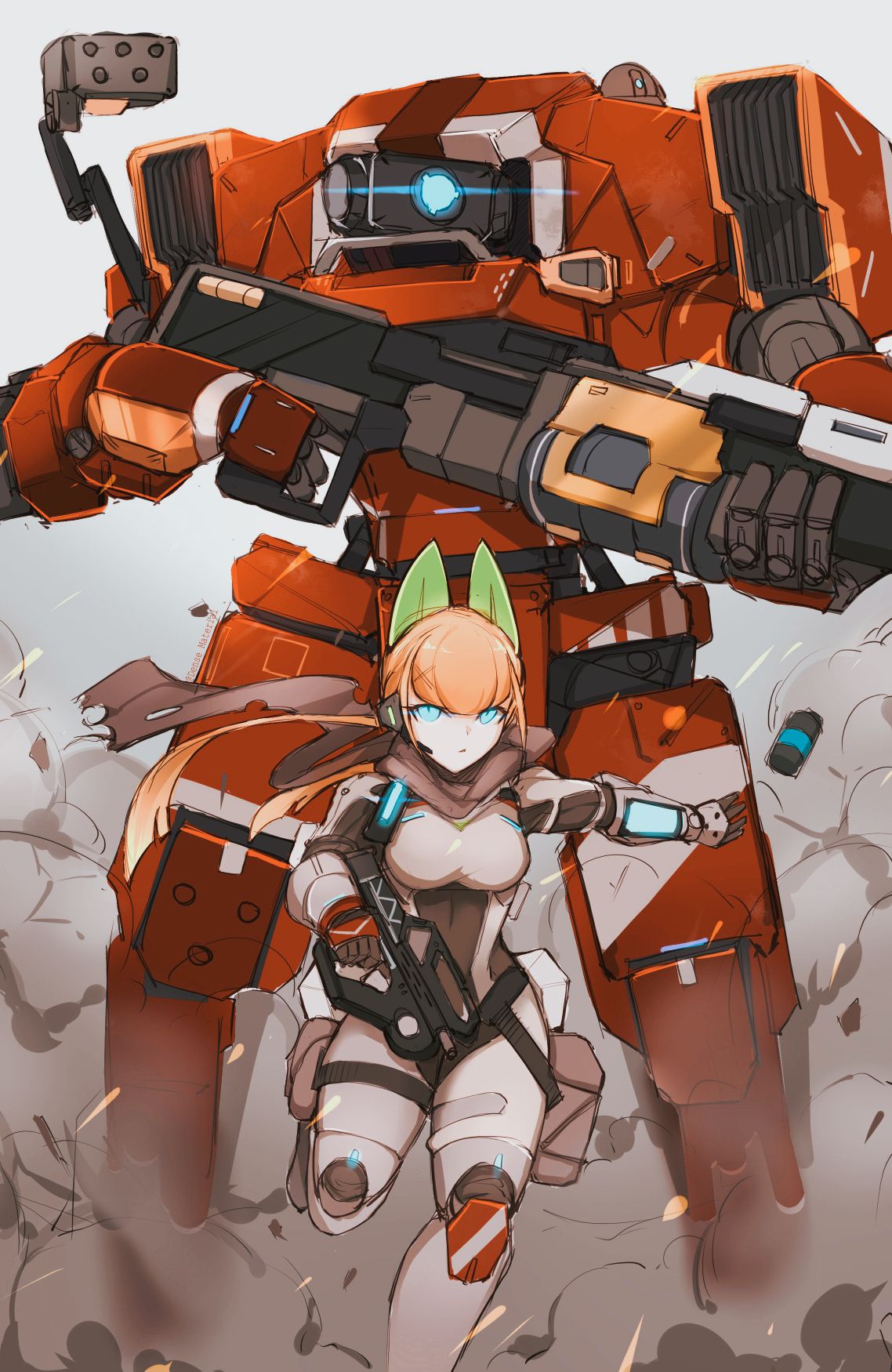 1girl, andou_inari, android, animal_ears, bangs, blue_eyes, bodysuit, choumi_wuti_(xueye_fanmang_zhong), closed_mouth, commentary, english_commentary, explosive, fake_animal_ears, fox_ears, glowing, glowing_eyes, grenade, grey_background, grey_bodysuit, gun, hair_ornament, headset, highres, holding, holding_gun, holding_weapon, long_hair, looking_at_viewer, orange_hair, robot_joints, running, smoke, solo, standing, standing_on_one_leg, titanfall, twitter_username, very_long_hair, virtual_youtuber, vr_link, weapon, weapon_request, x_hair_ornament