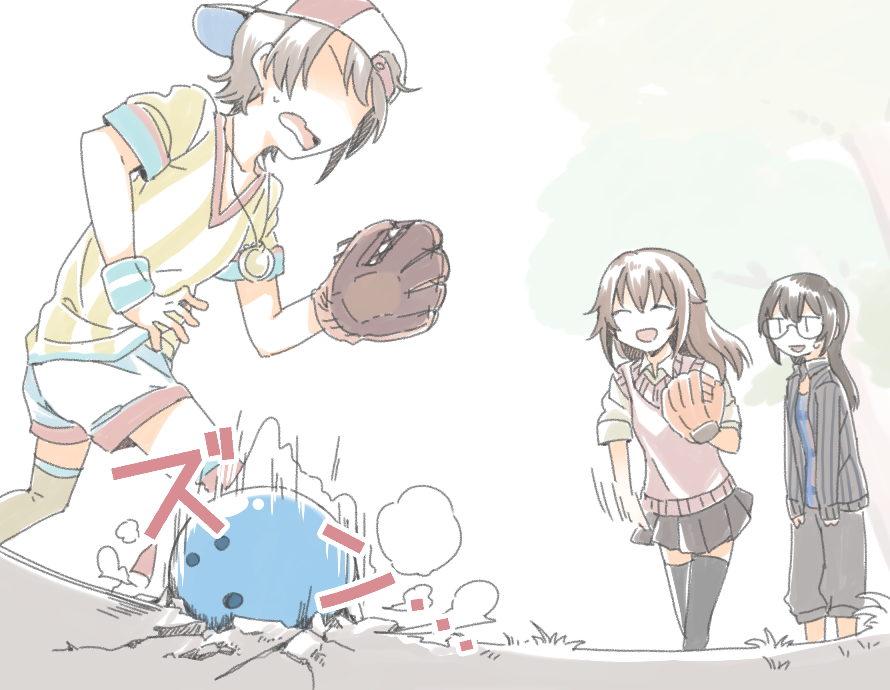 3girls, backwards_hat, ball, bangs, baseball_cap, baseball_mitt, black-framed_eyewear, black_hair