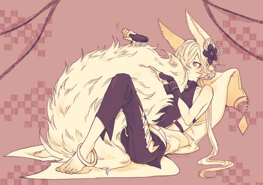 1boy, animal_ears, backless_outfit, barefoot, brush, collar, erune, fox_boy