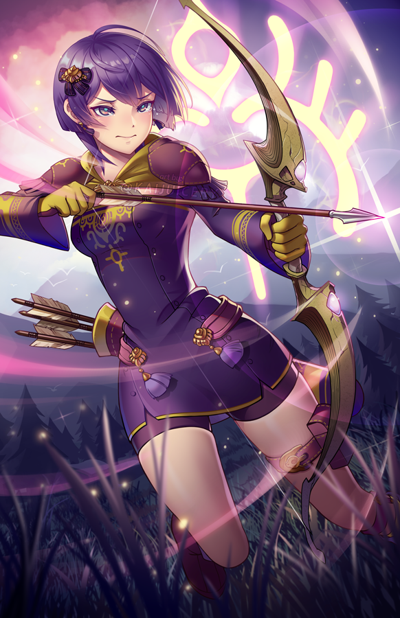 1girl, arrow, bernadetta_von_varley, bike_shorts, bow_(weapon), closed_mouth, dress, earrings