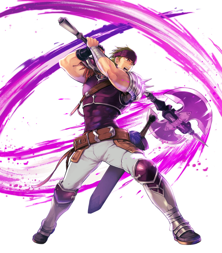 1boy, abs, armored_boots, aura, axe, belt, boots, fingerless_gloves