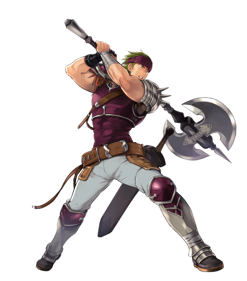 1boy, abs, armored_boots, axe, belt, boots, fingerless_gloves, fire_emblem
