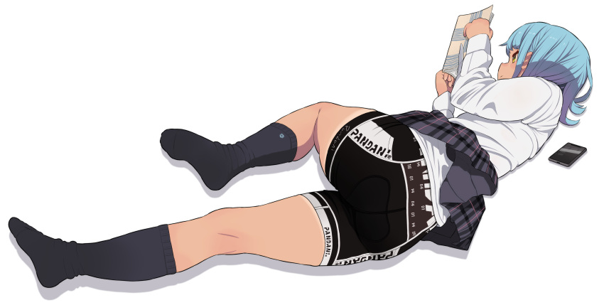 1girl, absurdres, ass, bike_shorts, black_legwear, blue_hair, cellphone, commentary_request