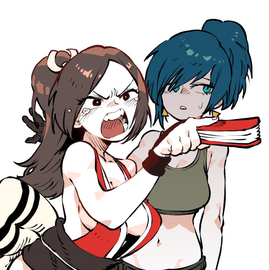 2girls, angry, arm_guards, bangs, bare_shoulders, breasts, brown_hair, closed_fan