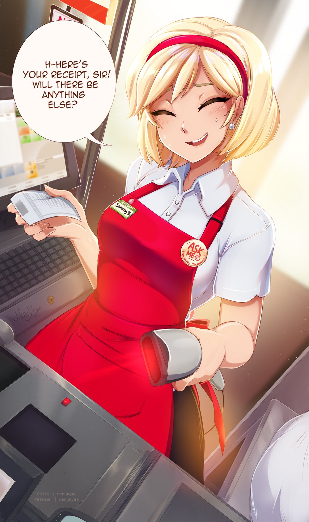 1girl, ^_^, ^o^, apron, blonde_hair, blush, breasts, cash_register, cashier, closed_eyes, earrings, english_text, green_eyes, hairband, highres, jewelry, merunyaa, original, receipt, sammy_(bestsammy), scanner, short_hair, smile, solo, sweatdrop, teeth