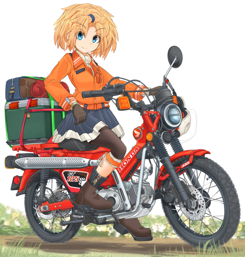 1girl, anklet, bangs, black_footwear, black_gloves, black_legwear, blonde_hair, blue_eyes, boots, calf, commentary_request, eyebrows_visible_through_hair, gloves, ground_vehicle, hair_tie, highres, honda, honda_ct125, jacket, jewelry, leggings, legwear_under_shorts, logo, long_sleeves, mikeran_(mikelan), miniskirt, motor_vehicle, motorcycle, navy_blue_skirt, orange_jacket, original, outdoors, pantyhose, partial_commentary, pleated_skirt, riding, shirt, short_hair, shorts, sitting, skirt, solo, white_background, white_shirt