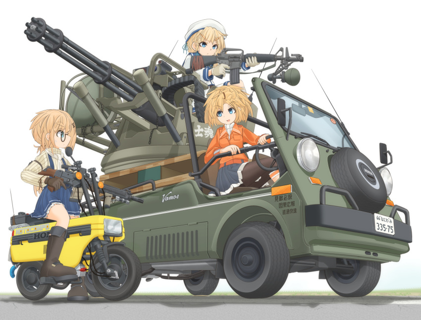3girls, aa_gun, arm_garter, assault_rifle, beret, black_footwear, black_gloves, blonde_hair